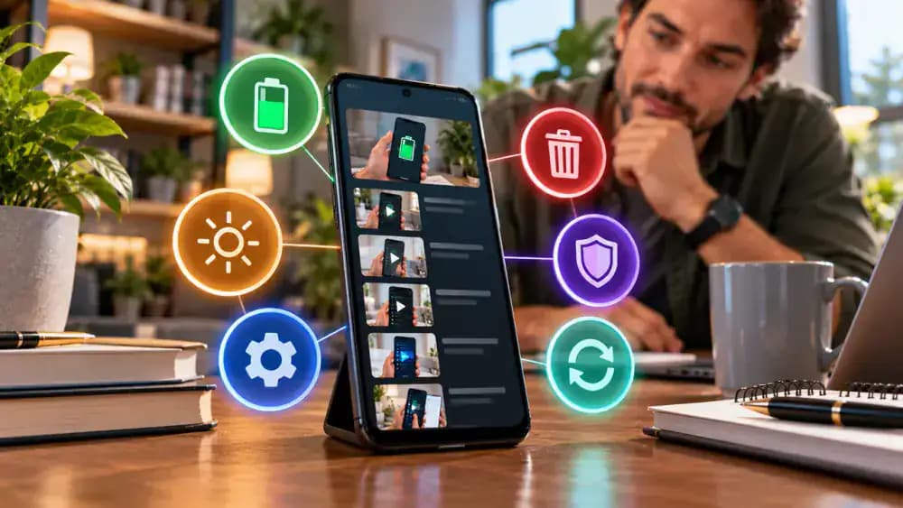 Android smartphone on a display platform in a bright technology learning space showing an illustrative Battery usage graph, three battery maintenance reminders, and the YouTube Tech and Device Fixes playlist.