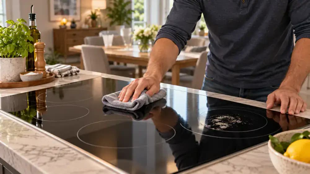 Elevated view of a bright American kitchen where a person gently wipes a cool black glass-ceramic cooktop with a microfiber cloth, with a stainless steel skillet on the wooden countertop and an untouched hardened tomato sauce deposit near the rear-left burner.