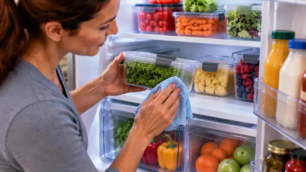 Person wiping a small drip from the bottom edge of a refrigerator storage bin while organizing containers in a neat row