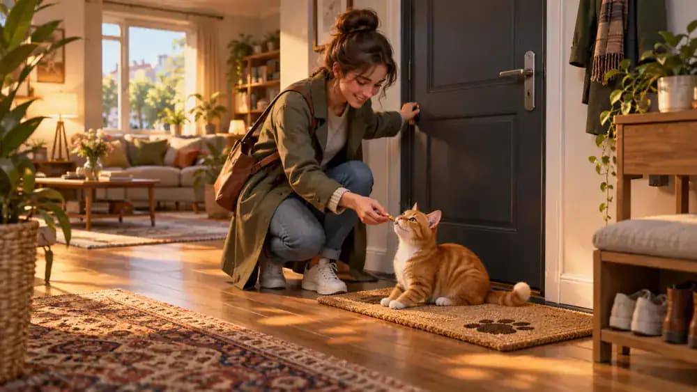 A relaxed orange tabby rests on a comfortable waiting mat several feet from the front entrance as its owner closes the door securely and offers a reward in warm golden afternoon light.