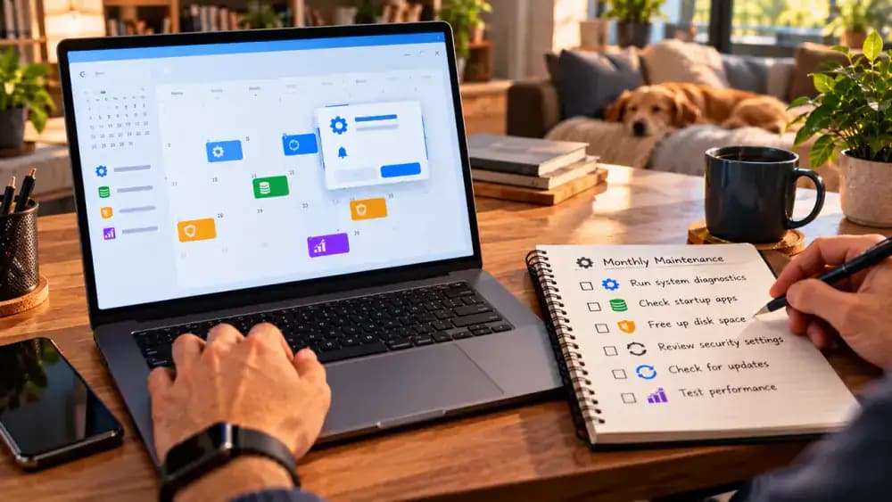 Windows 11 laptop in a quiet reading nook displaying a calendar reminder titled Windows Maintenance Review with monthly recurrence and four tasks covering startup apps, storage, updates, and backups.