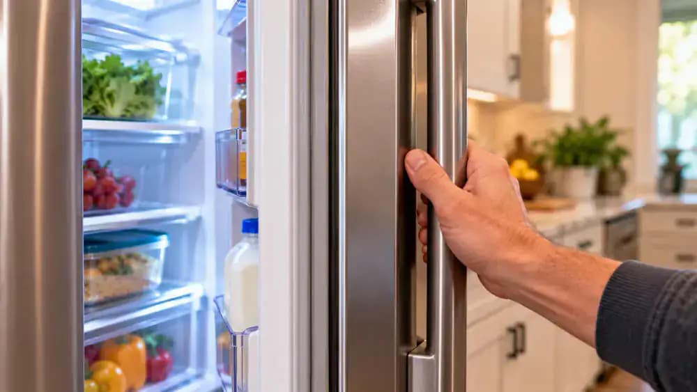 Person wearing a navy blue shirt gently blotting a clean gray refrigerator door gasket with a dry microfiber cloth before storing the cloth in a kitchen drawer and closing the stainless steel refrigerator door.