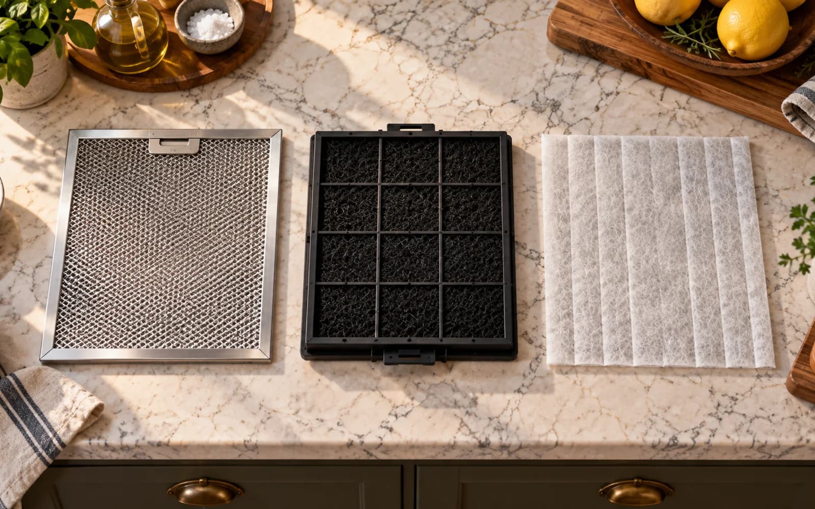Range hood manual open to filter care instructions beside model information