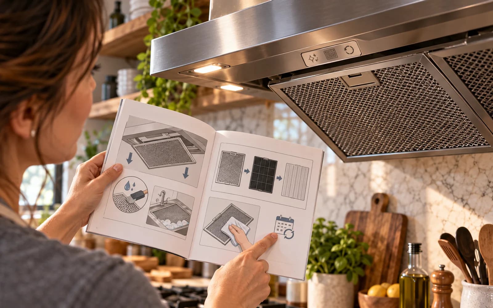 Underside of range hood showing filter latch, retaining channel, and orientation