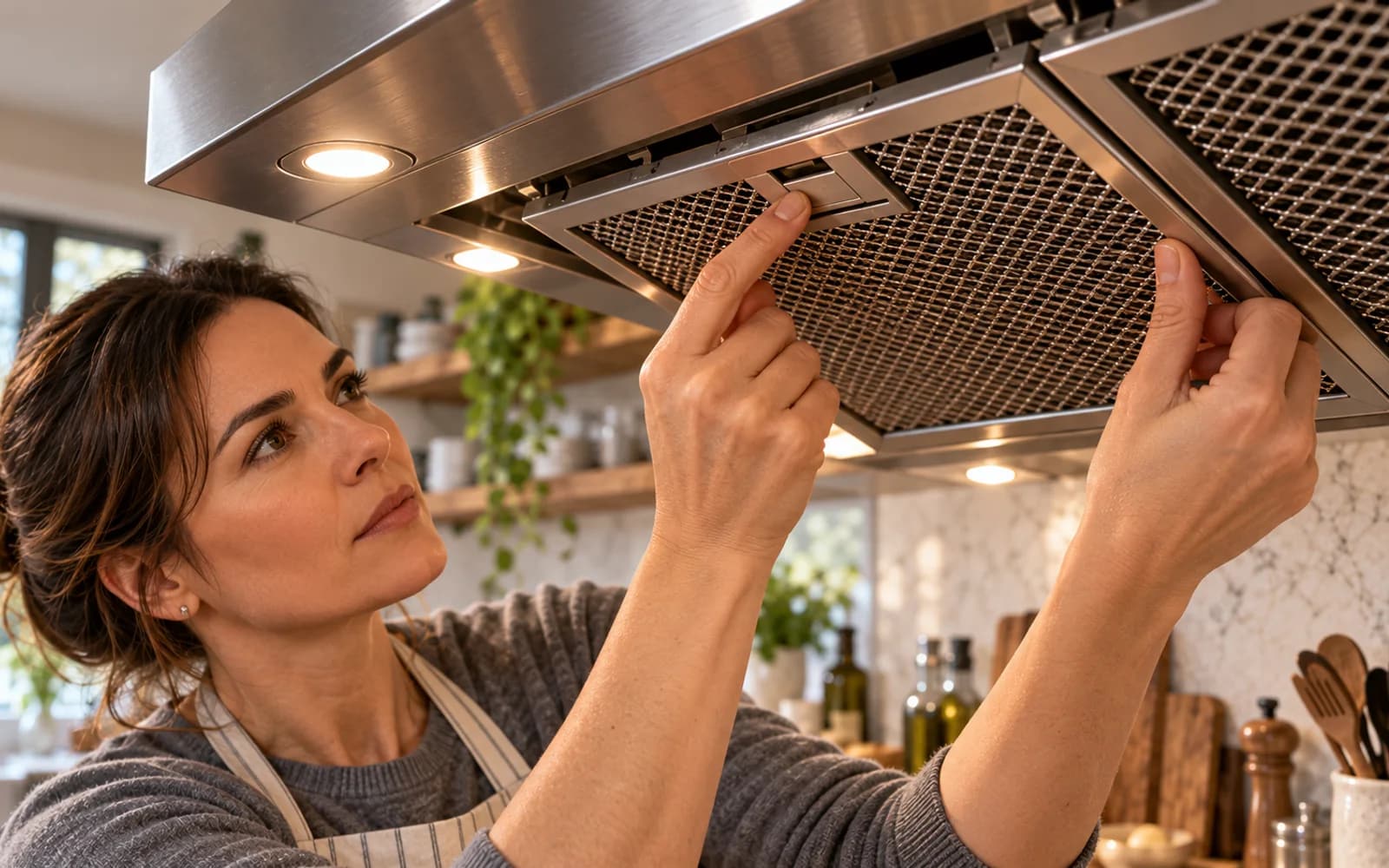 Two hands carefully lowering a metal range hood filter