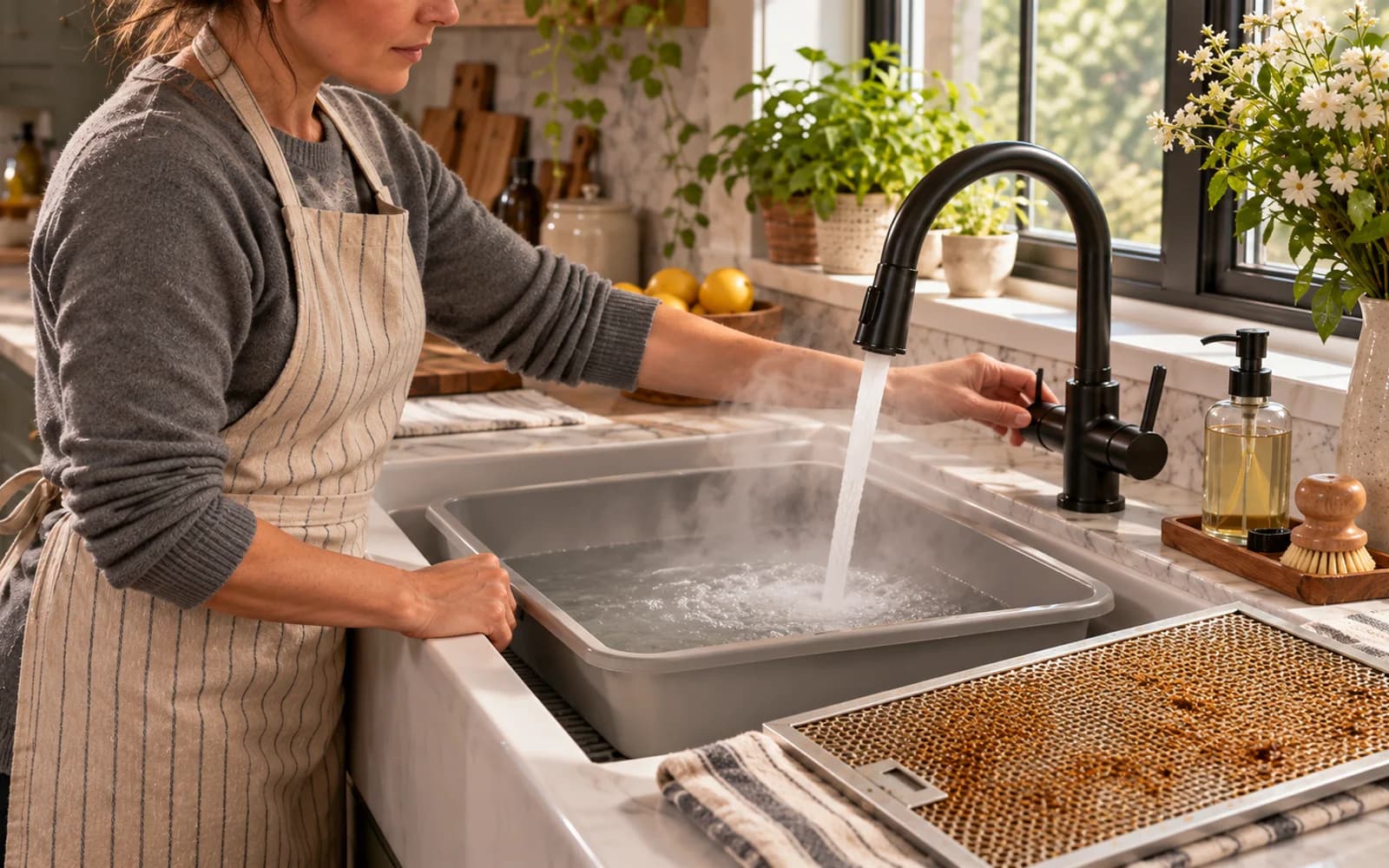 Dish detergent being added to hot water while harsh cleaners remain unused