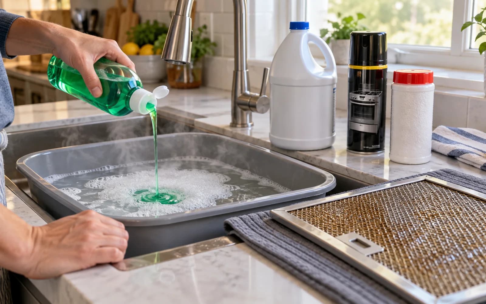 Metal filter lowered flat into soapy water by its rigid frame