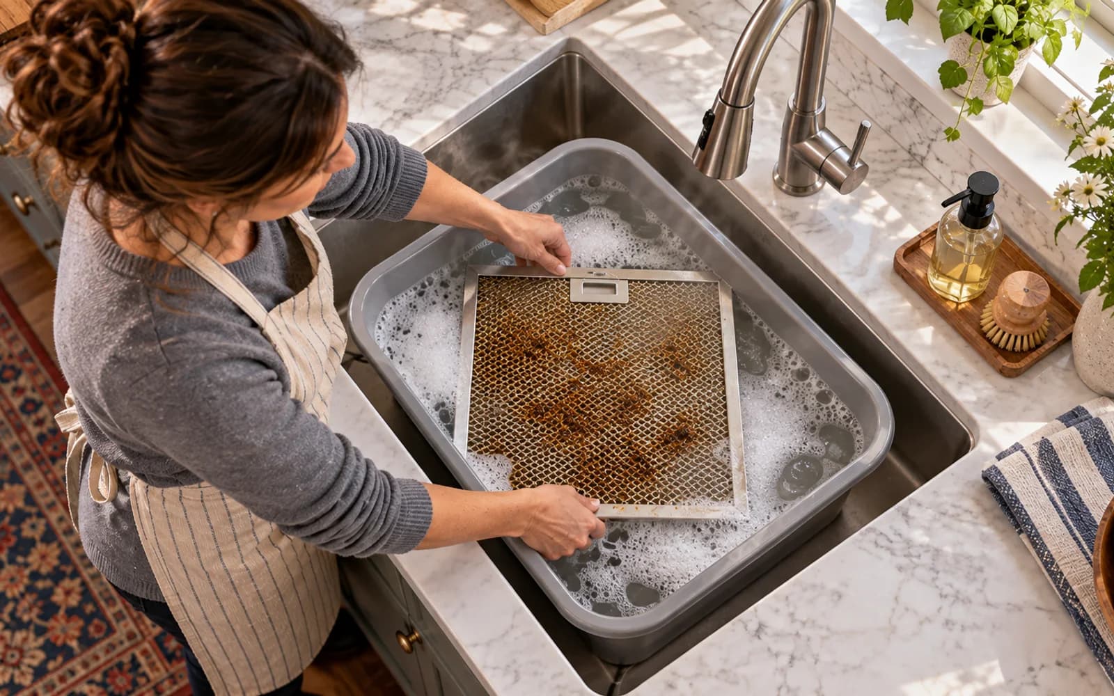 Filter soaking while oily residue loosens into the water