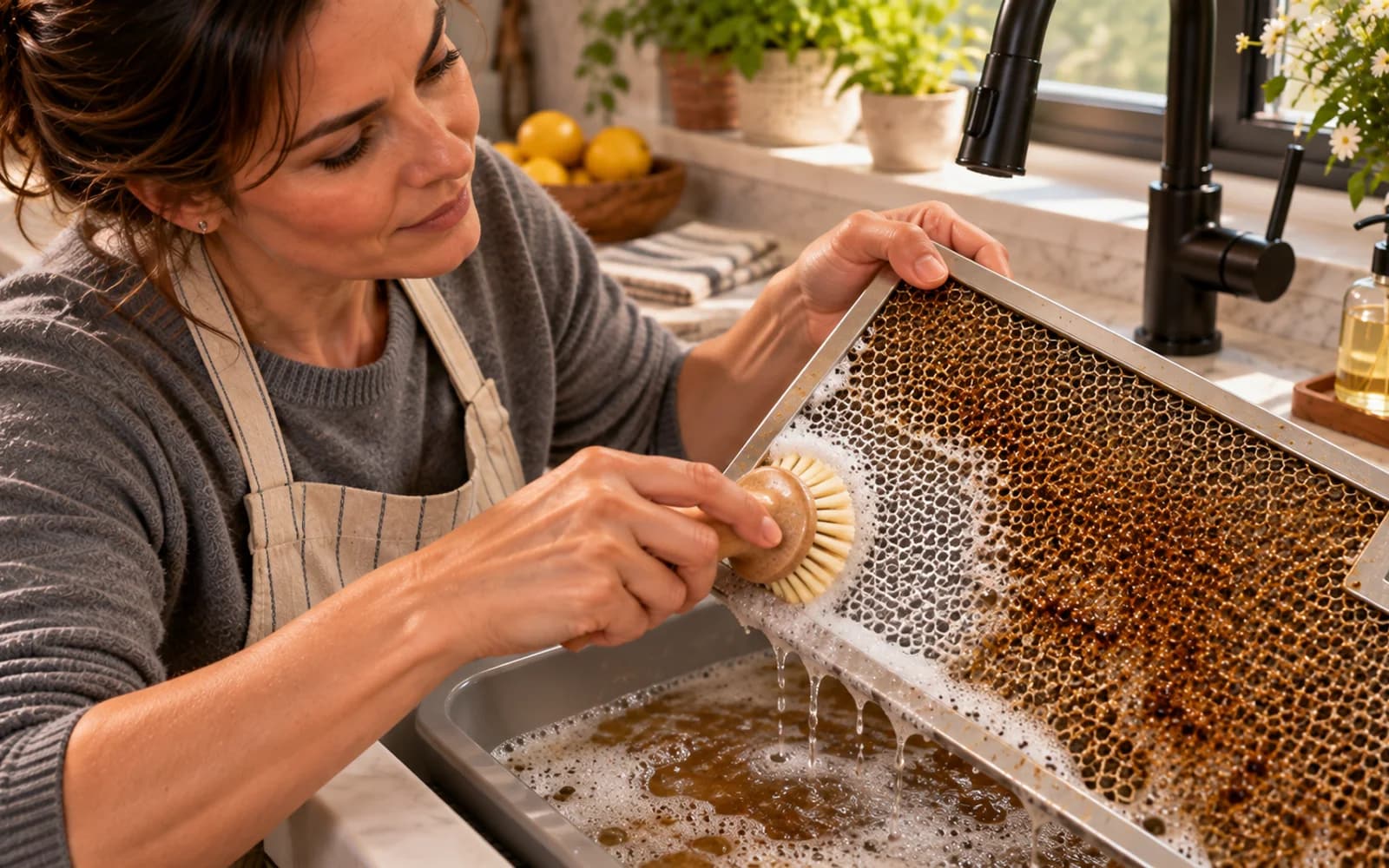 Soft brush cleaning metal mesh in alternating directions