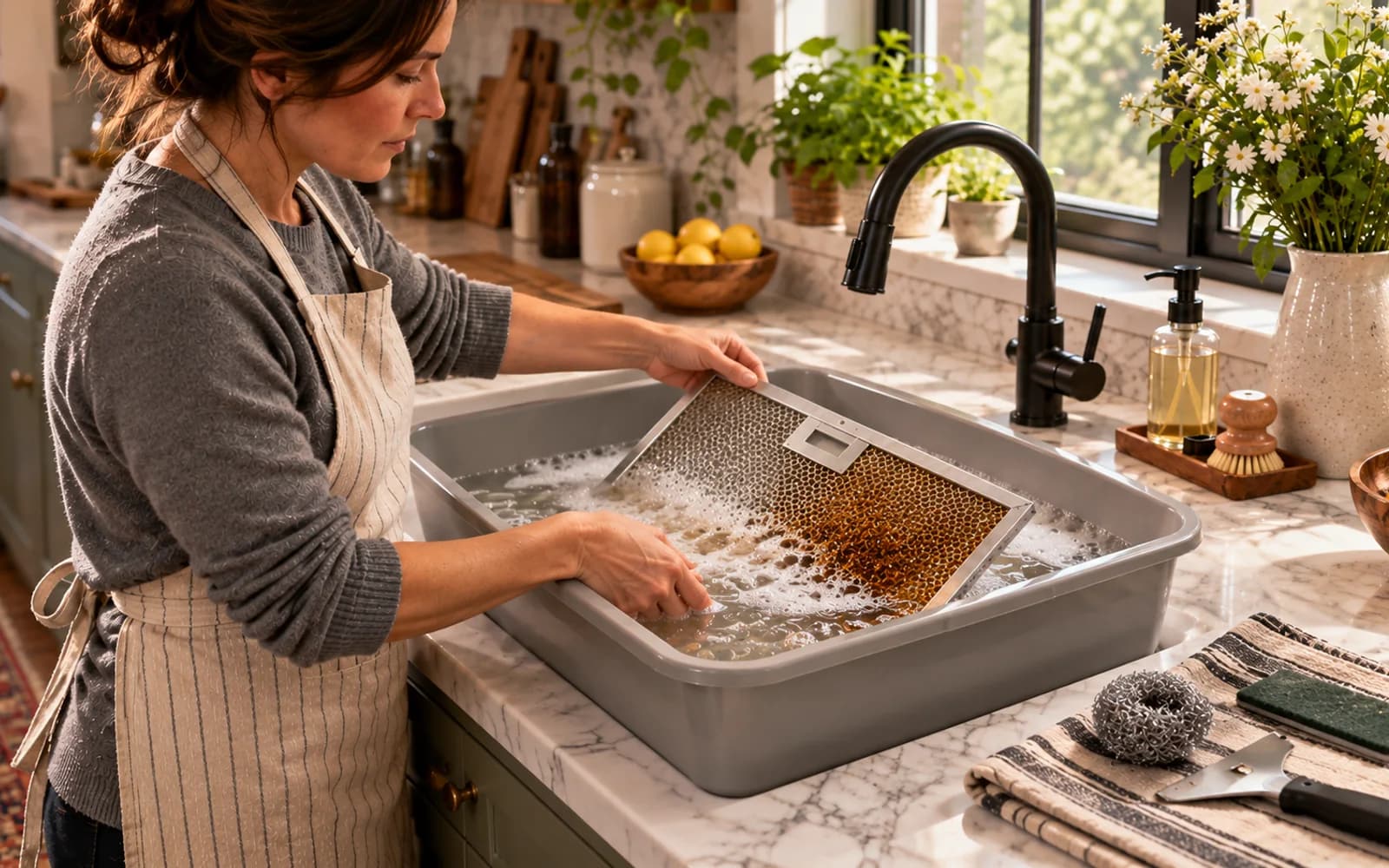 Dirty greasy water being replaced with fresh hot soapy water