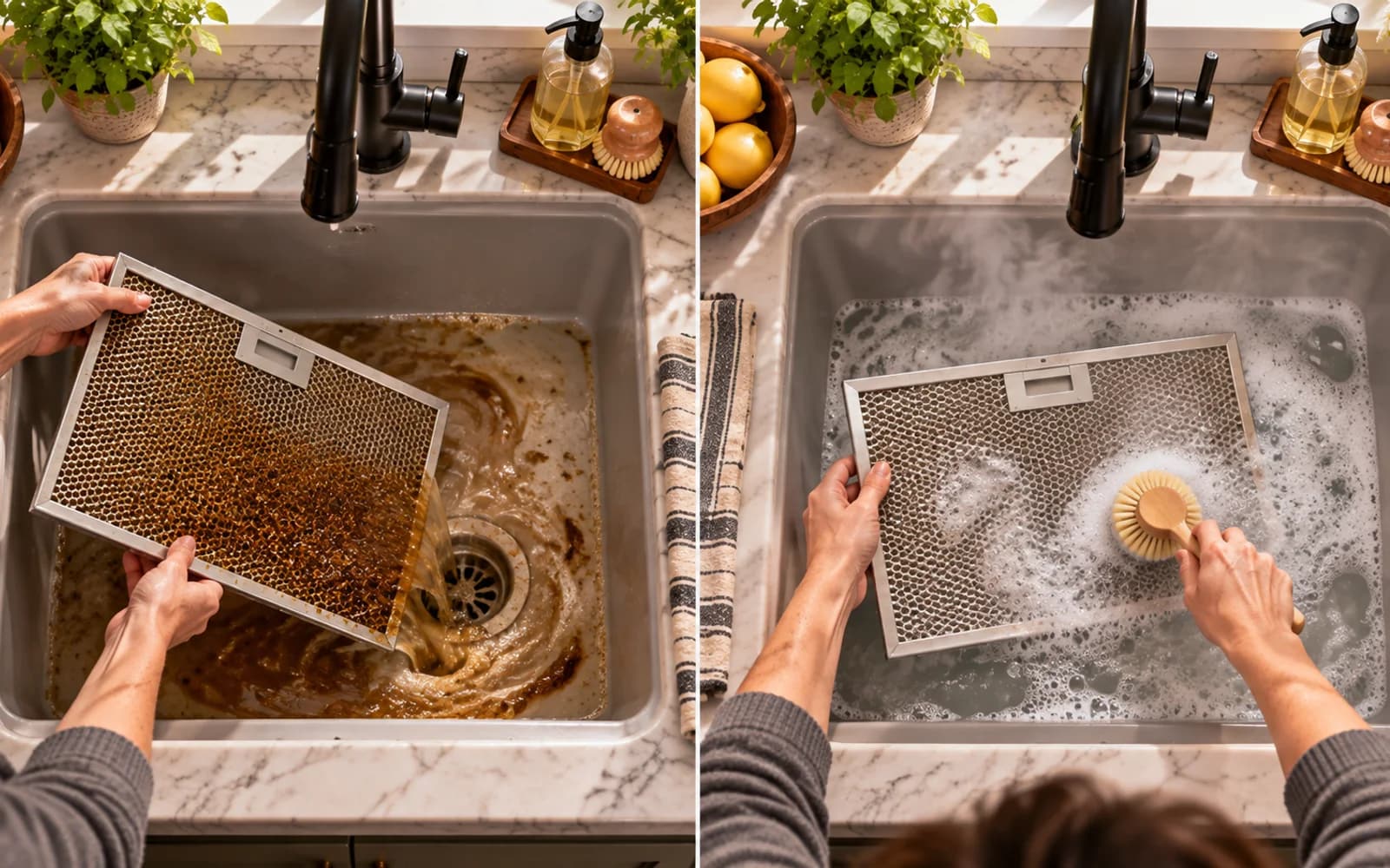 Metal filter rinsed under warm running water from front and back