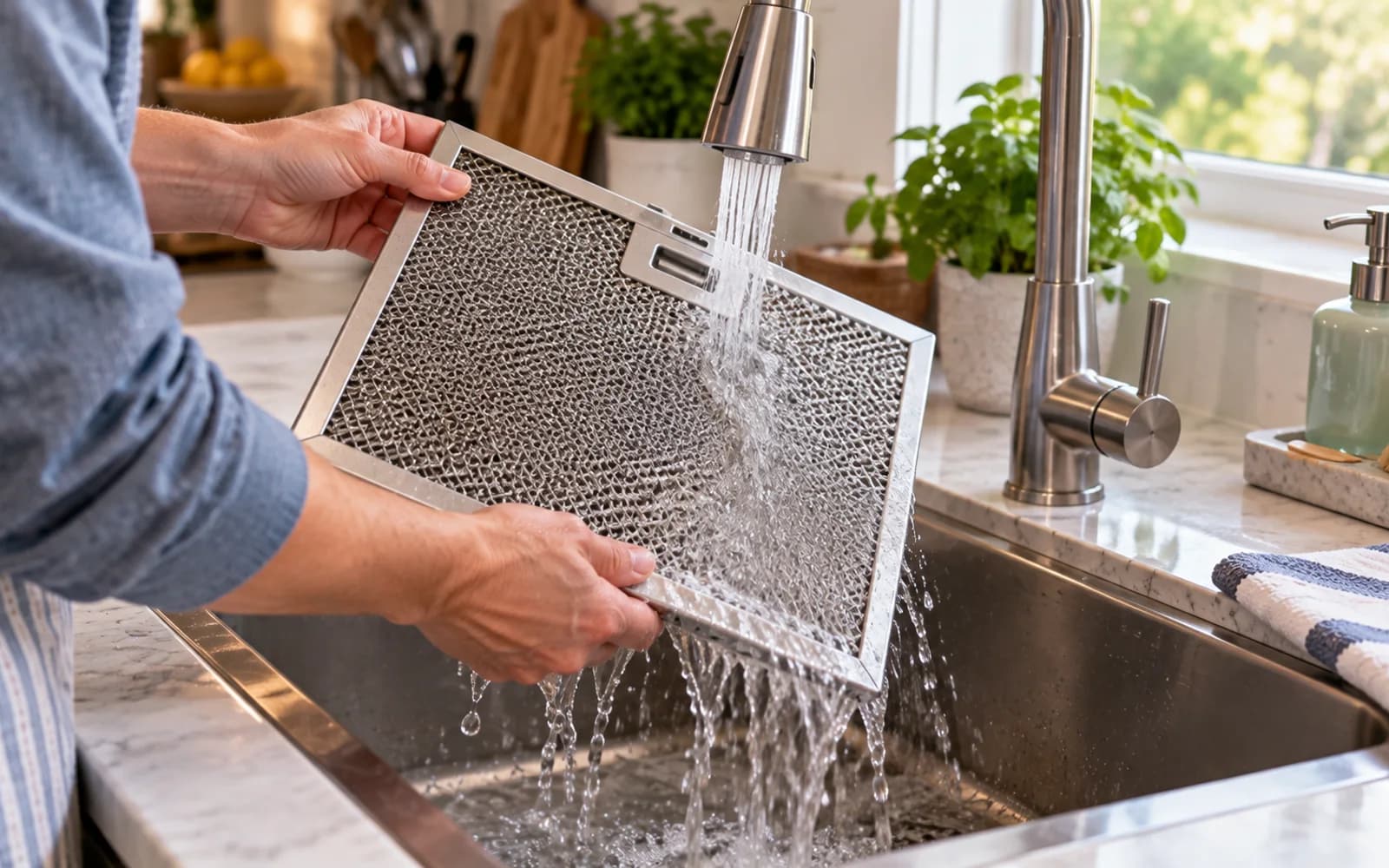 Water flowing through filter mesh from cleaner side toward dirtier side
