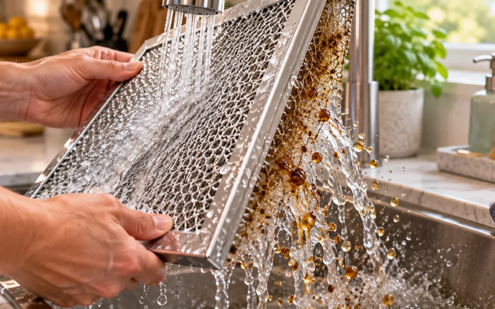 Clear water rinsing through filter as the final suds disappear