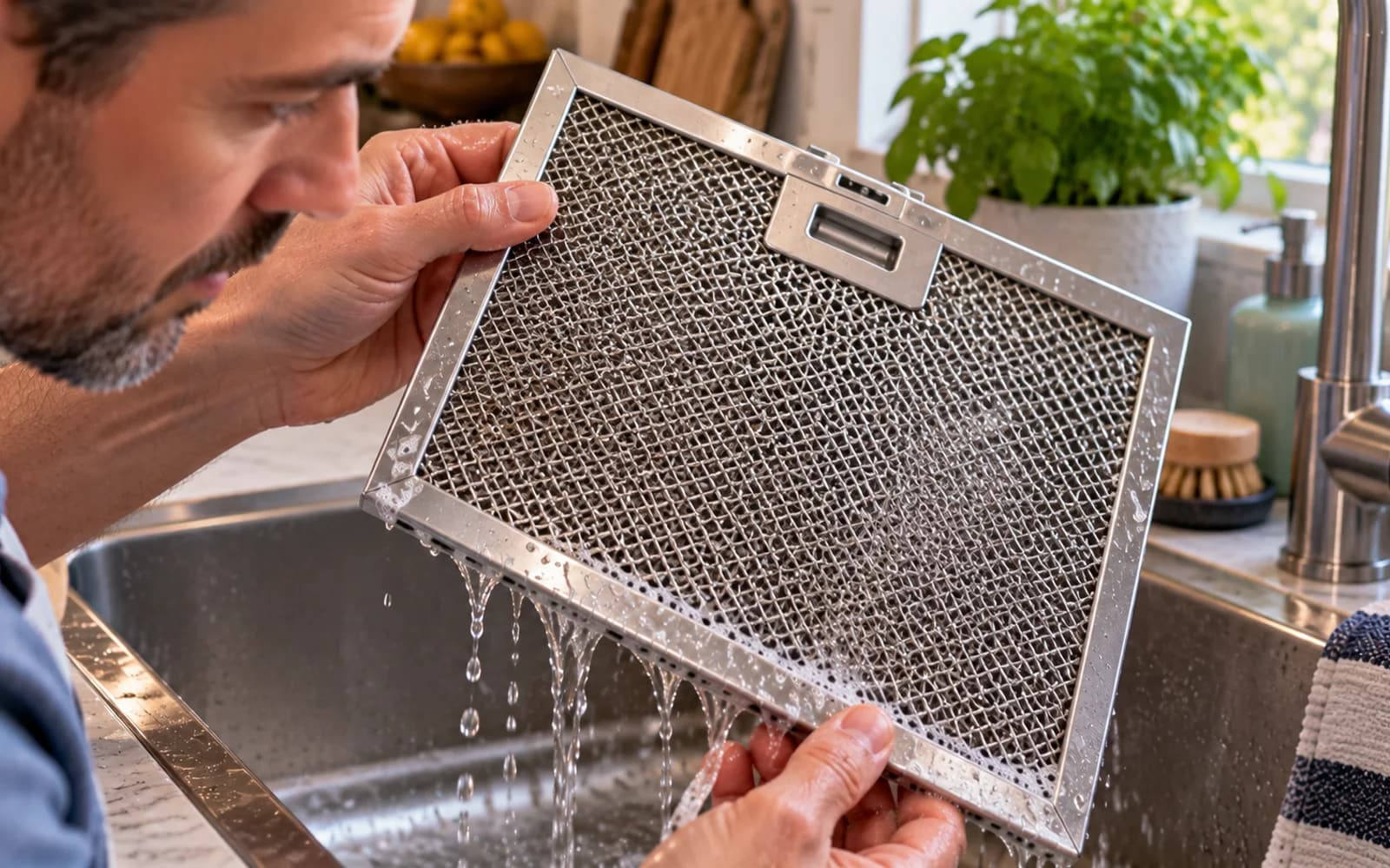 Filter held vertically over sink while water droplets fall away