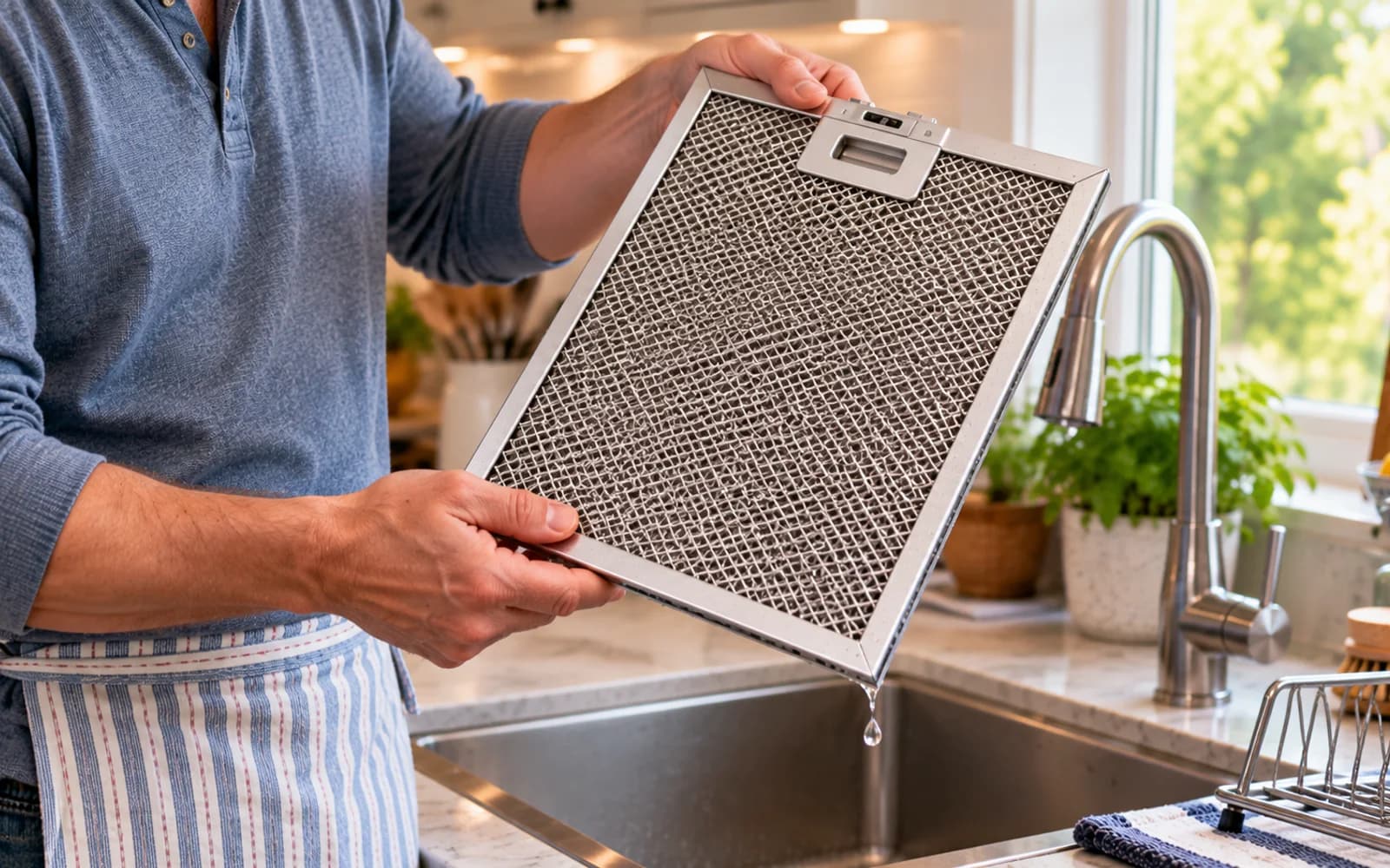 Damp microfiber cloth wiping the exposed hood lip and filter channel