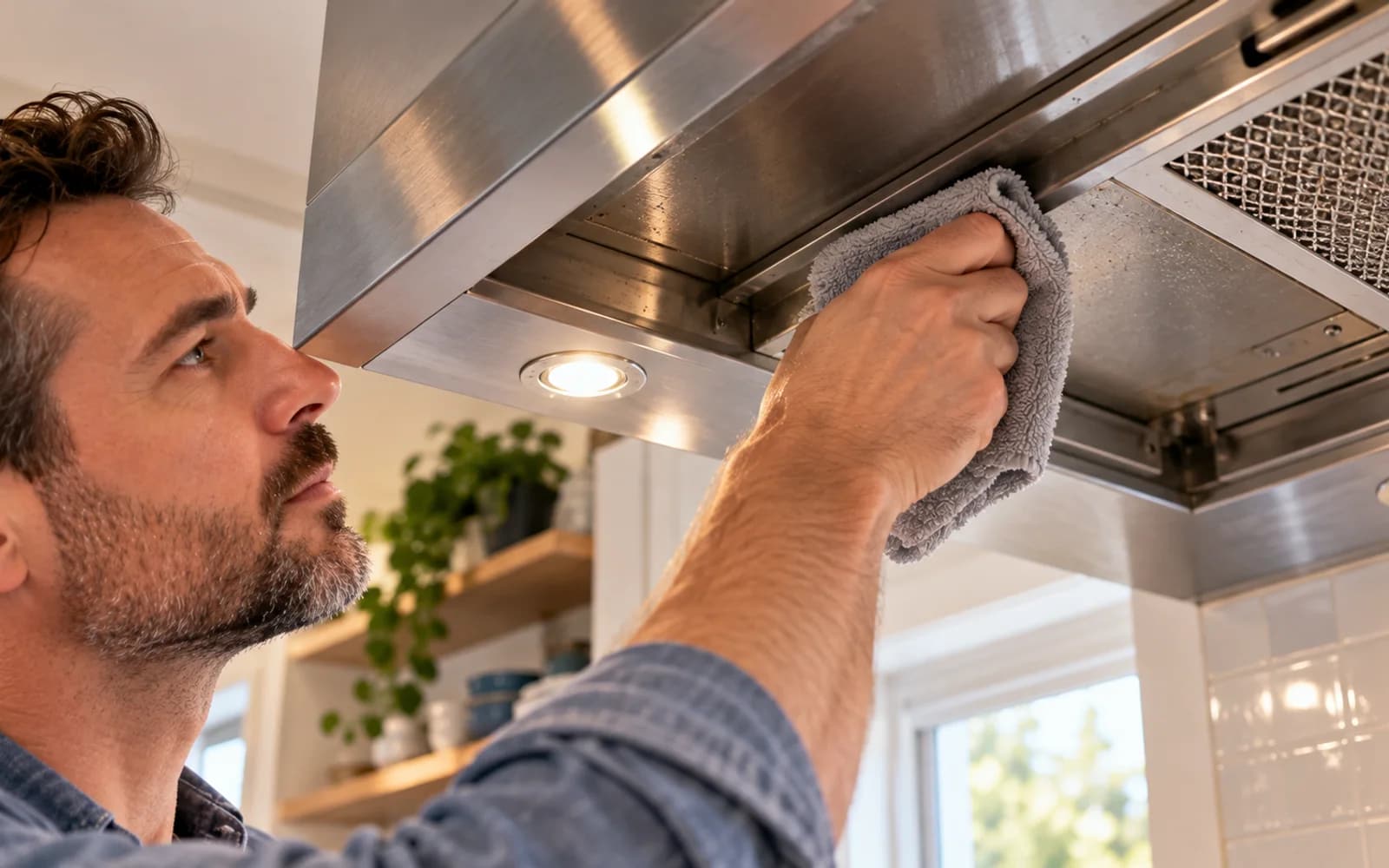 Dry metal filter being reinstalled into the range hood channel