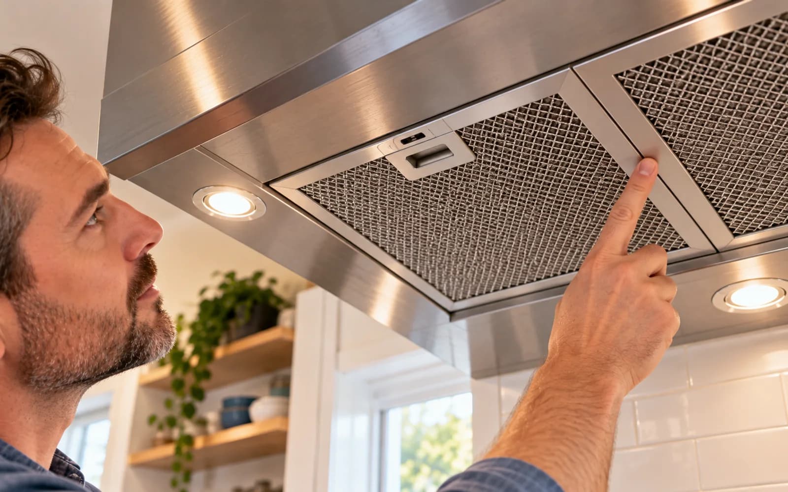 Range hood operating with a stable installed filter over a clear cooktop