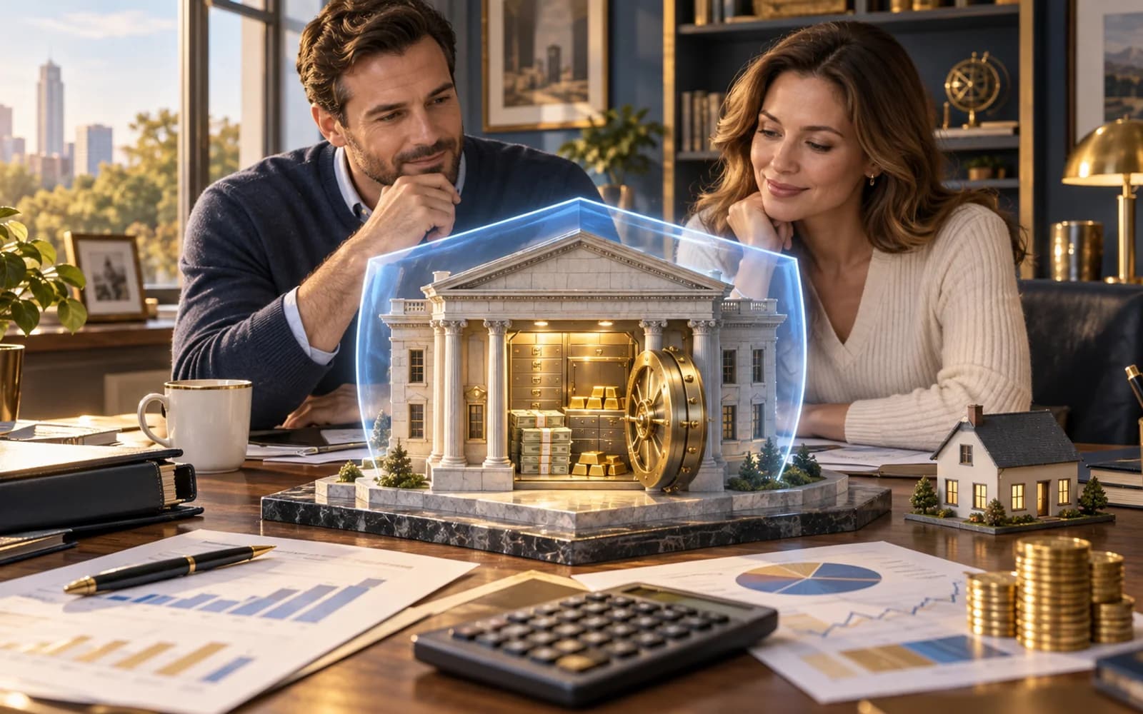 United States bank building with secure savings imagery