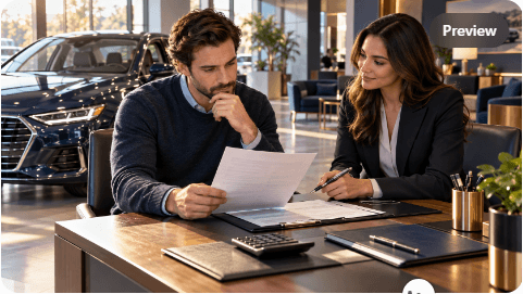 Car buyer reviewing the amount financed before comparing monthly payments
