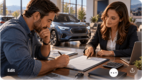 Car buyer carefully reviewing the final financing contract