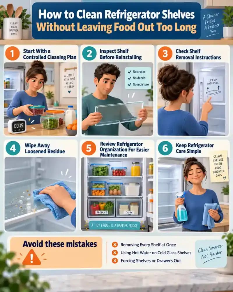 How-to infographic showing the safe steps for How to Clean Refrigerator Shelves Without Leaving Food Out Too Long