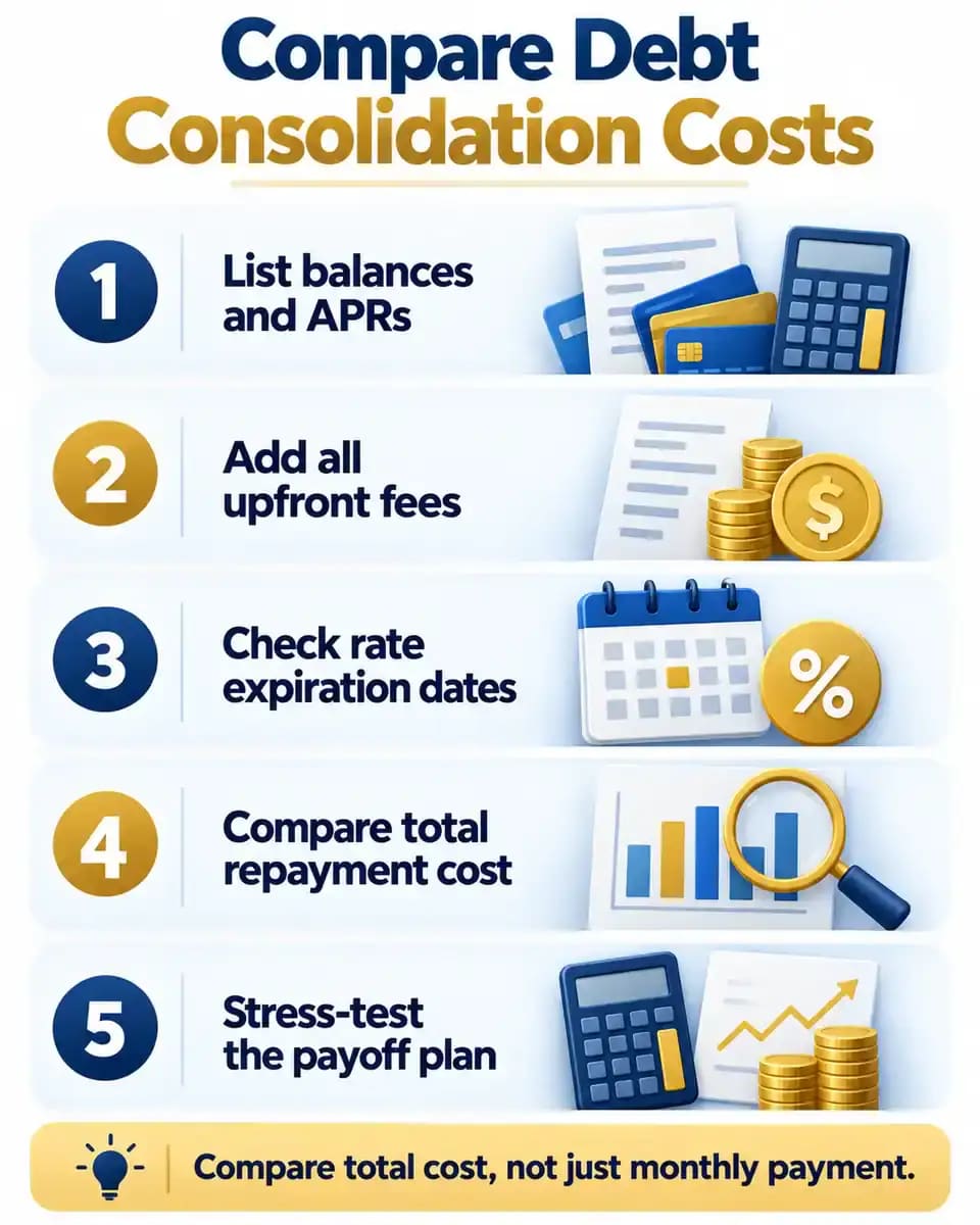 Five-step infographic for comparing balance transfer cards and personal loans by balances, fees, rate timelines, repayment cost, and payoff feasibility.