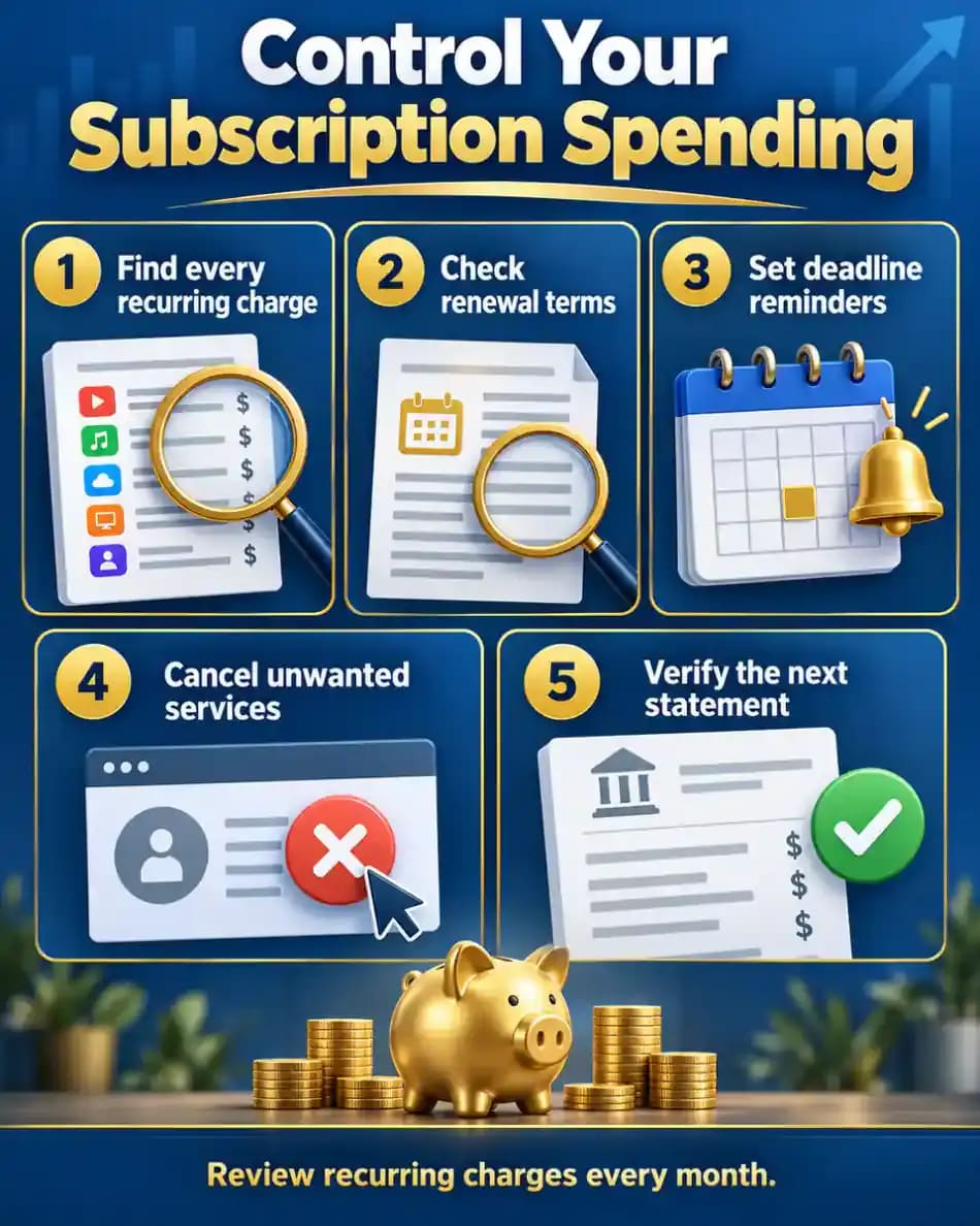 Five-step infographic showing how to find recurring charges, review renewal terms, set reminders, cancel unwanted subscriptions, and verify future statements.