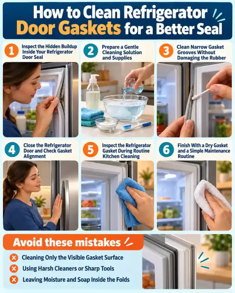 How-to infographic showing the safe steps for How to Clean Refrigerator Door Gaskets for a Better Seal