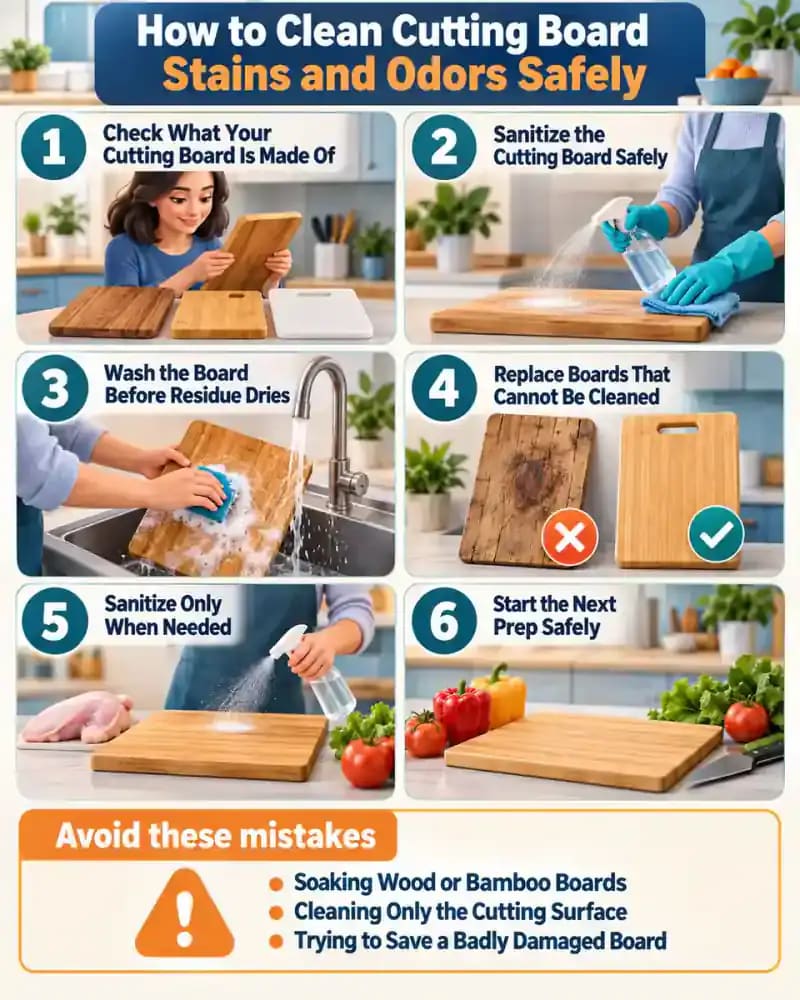 How-to infographic showing the safe steps for How to Clean Cutting Board Stains and Odors Safely