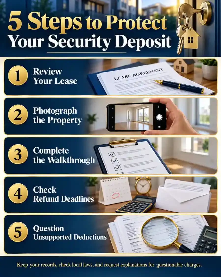 Five-step renter checklist showing how to review a lease, photograph the rental, complete a move-out walkthrough, check local security deposit refund deadlines, and question unsupported deductions.