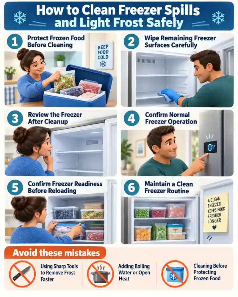How-to infographic showing the safe steps for How to Clean Freezer Spills and Light Frost Safely