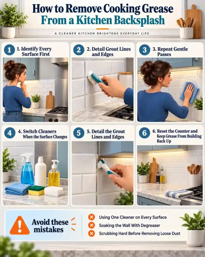 How-to infographic showing the safe steps for How to Remove Cooking Grease From a Kitchen Backsplash