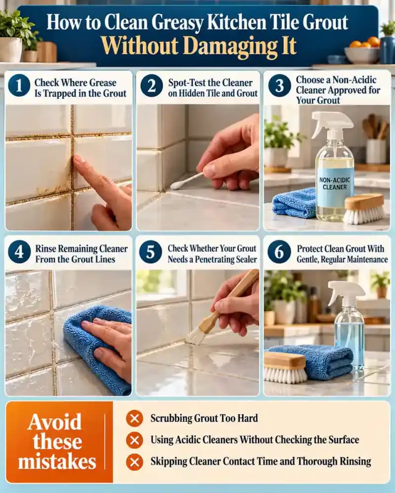 How-to infographic showing the safe steps for How to Clean Greasy Kitchen Tile Grout Without Damaging It