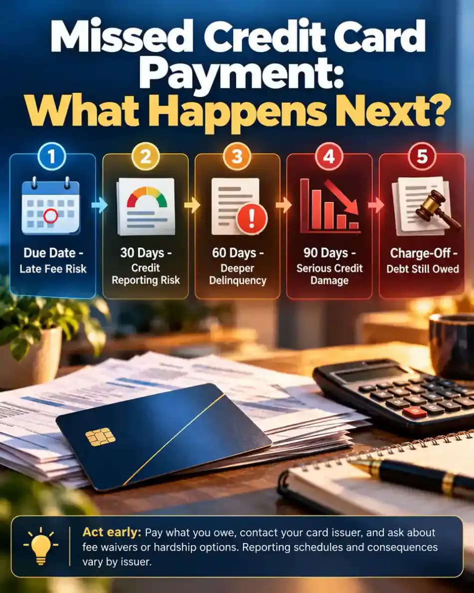 Five-stage timeline showing how a missed credit card payment can progress from an initial late fee to a 30-day reported delinquency, more serious 60-day and 90-day delinquencies, and an eventual charge-off.