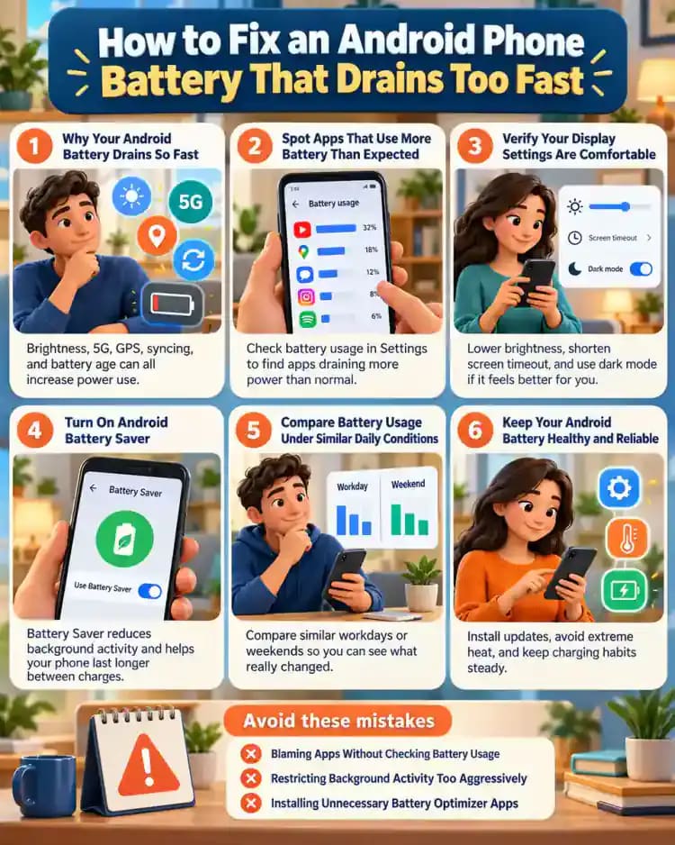 How-to infographic showing the safe steps for How to Fix an Android Phone Battery That Drains Too Fast