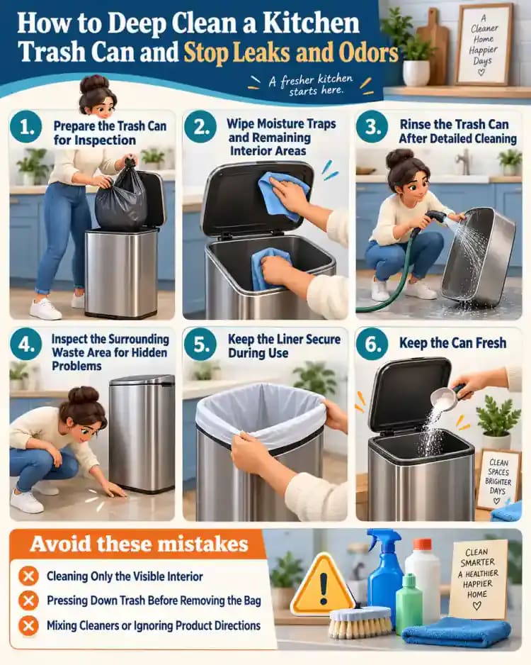 How-to infographic showing the safe steps for How to Deep Clean a Kitchen Trash Can and Stop Leaks and Odors