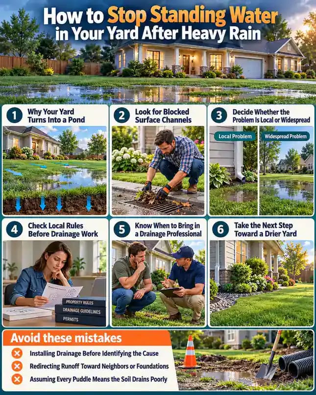 How-to infographic showing the safe steps for How to Stop Standing Water in Your Yard After Heavy Rain