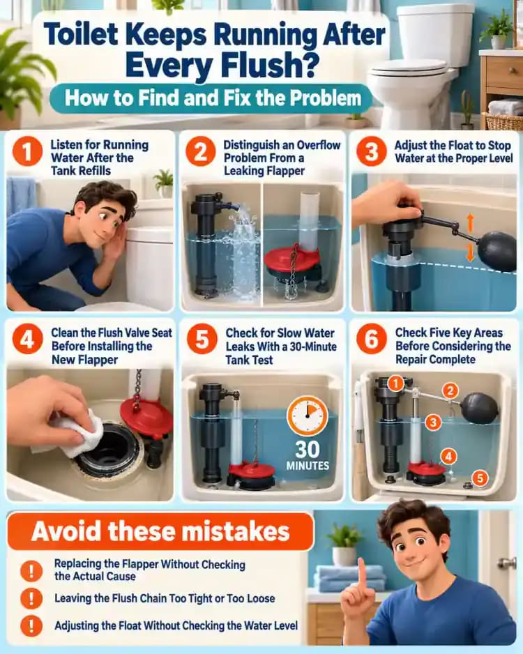 How-to infographic showing the safe steps for Toilet Keeps Running After Every Flush? How to Find and Fix the Problem