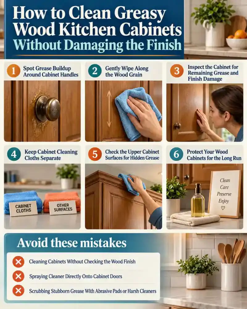 How-to infographic showing the safe steps for How to Clean Greasy Wood Kitchen Cabinets Without Damaging the Finish