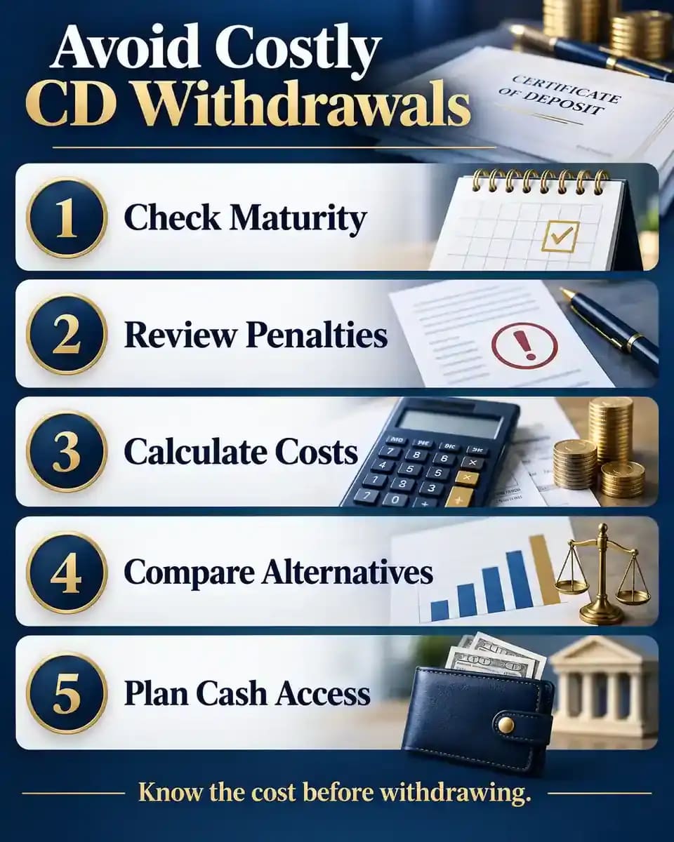 Five-step infographic showing how to check CD maturity dates, understand withdrawal penalties, estimate costs, compare available alternatives, and plan access to savings.