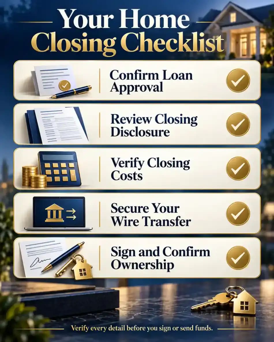 Five-step home closing checklist showing loan approval, Closing Disclosure review, closing cost verification, secure wire transfer, and signing with ownership confirmation.