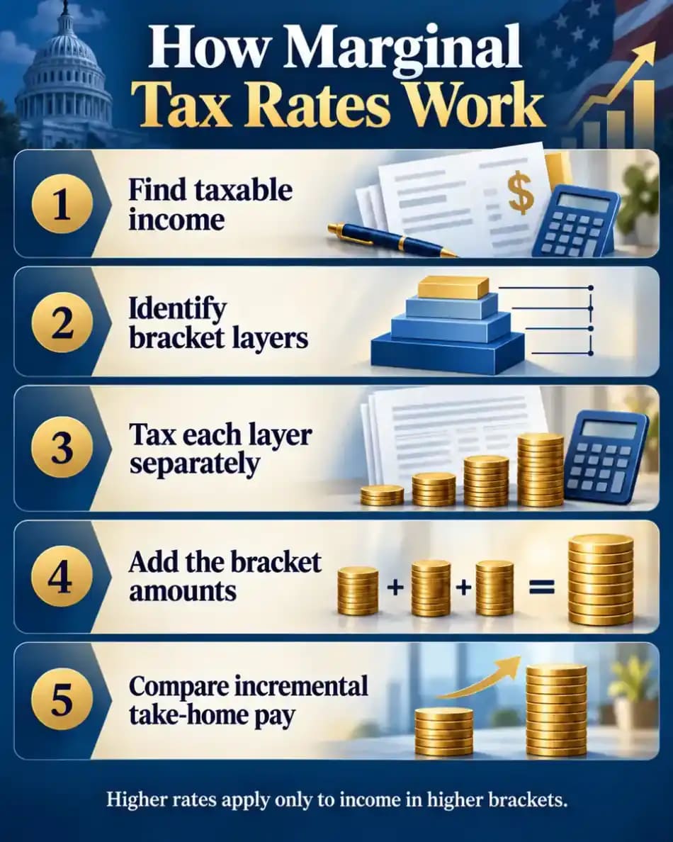 Five-step infographic explaining how taxable income is divided among marginal federal income tax brackets