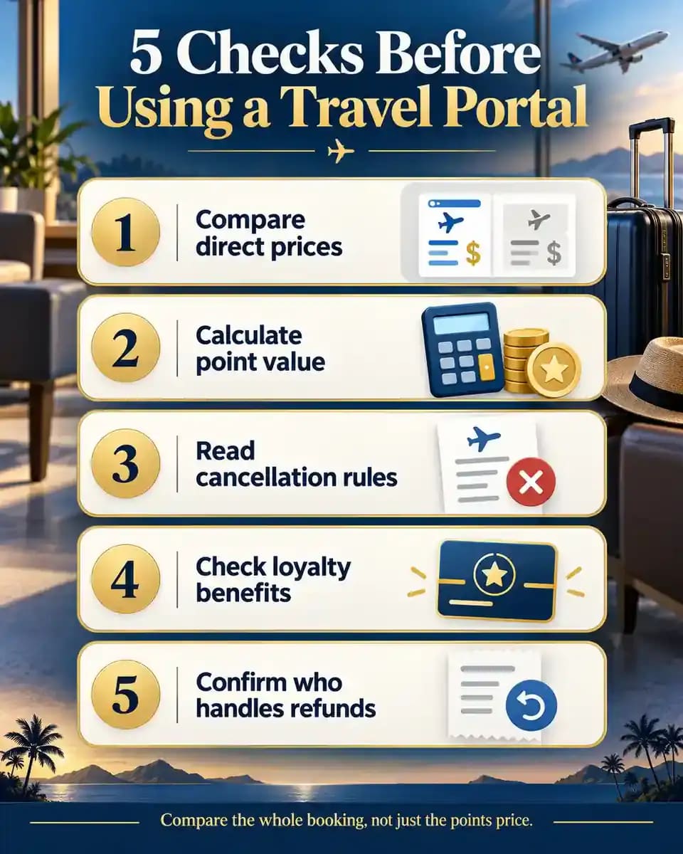 Five-step checklist for comparing credit card travel portals with direct travel bookings