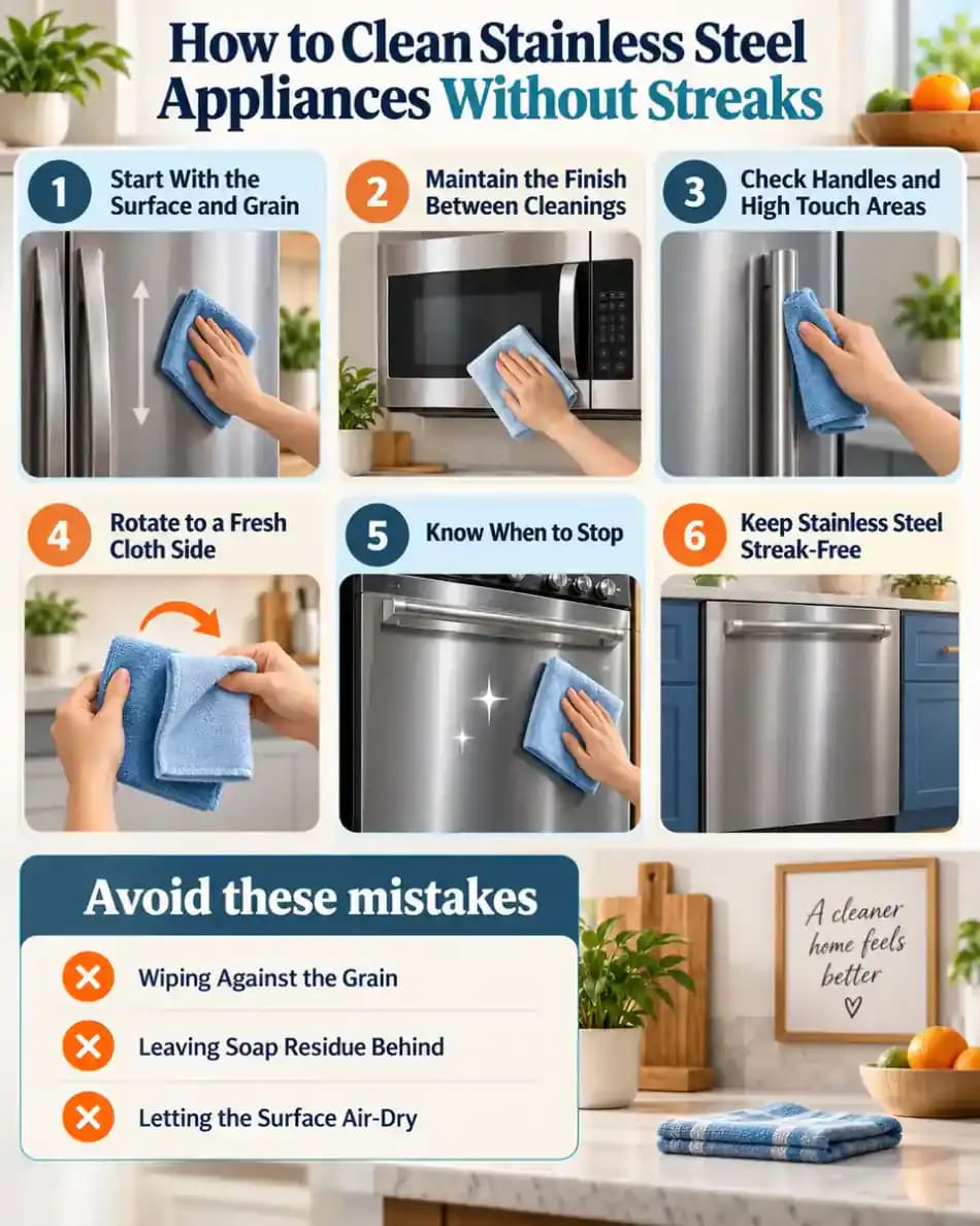 How-to infographic showing the safe steps for How to Clean Stainless Steel Appliances Without Streaks