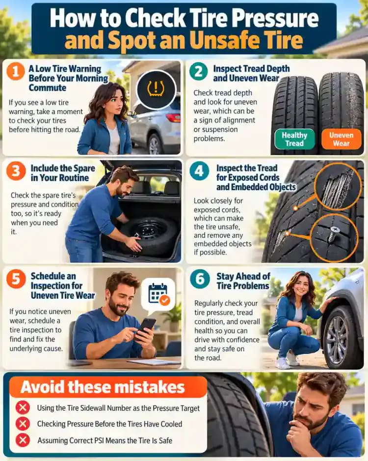 How-to infographic showing the safe steps for How to Check Tire Pressure and Spot an Unsafe Tire