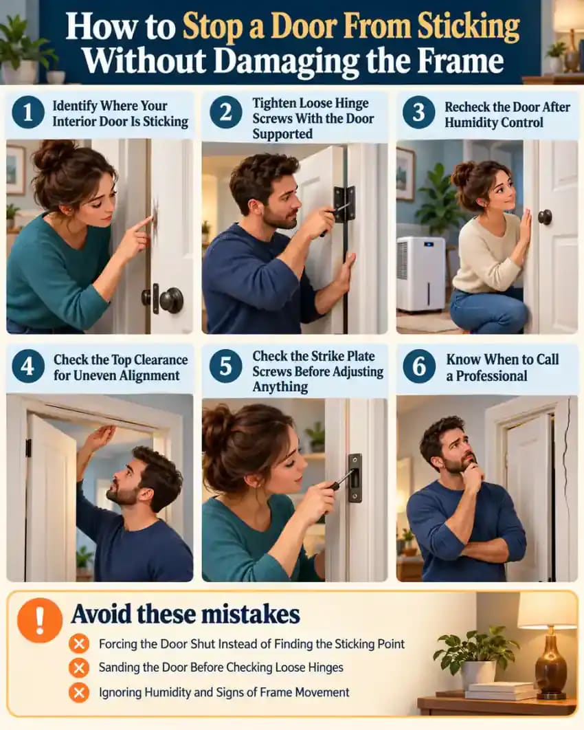 How-to infographic showing the safe steps for How to Stop a Door From Sticking Without Damaging the Frame