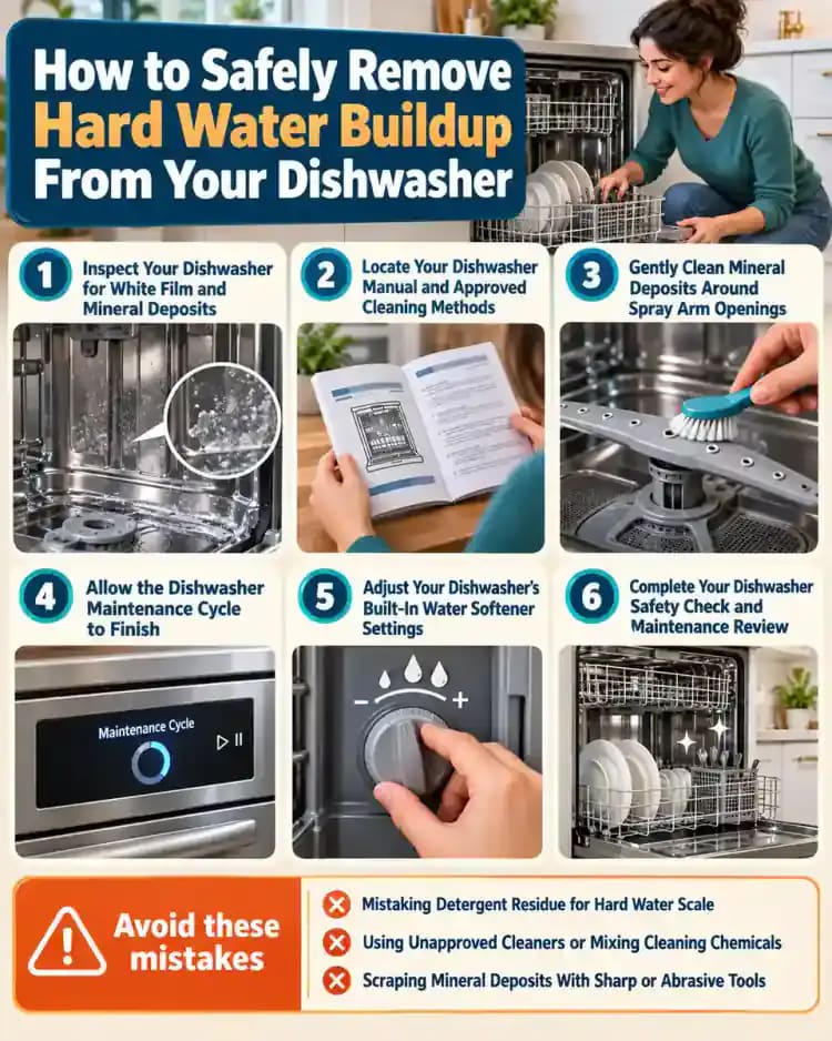 How-to infographic showing the safe steps for How to Safely Remove Hard Water Buildup From Your Dishwasher
