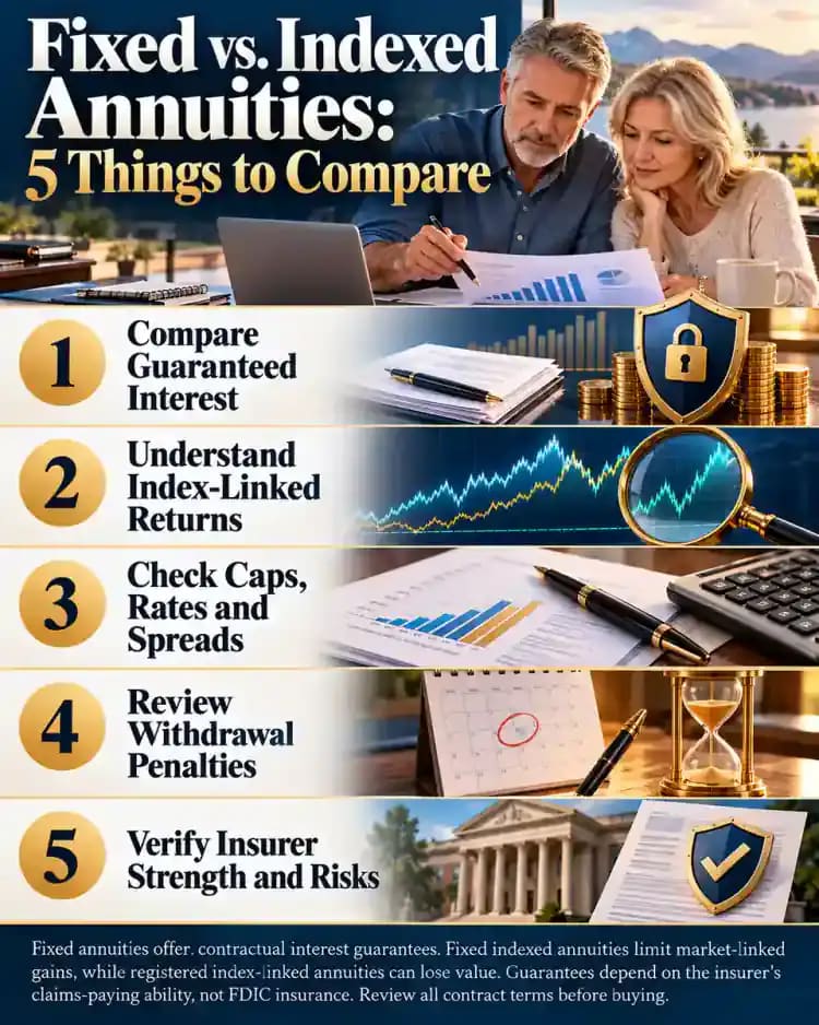 Five-step infographic comparing fixed and indexed annuities, covering guaranteed interest, market-linked returns, cap and participation rates, surrender charges, and insurer financial strength.
