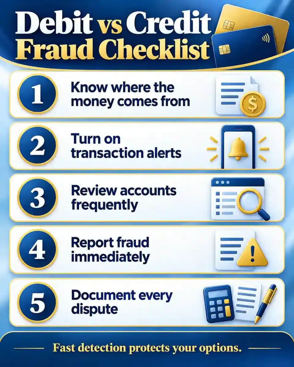 Five-step checklist comparing safe debit and credit card use, including account awareness, alerts, transaction reviews, prompt fraud reporting, and dispute documentation.