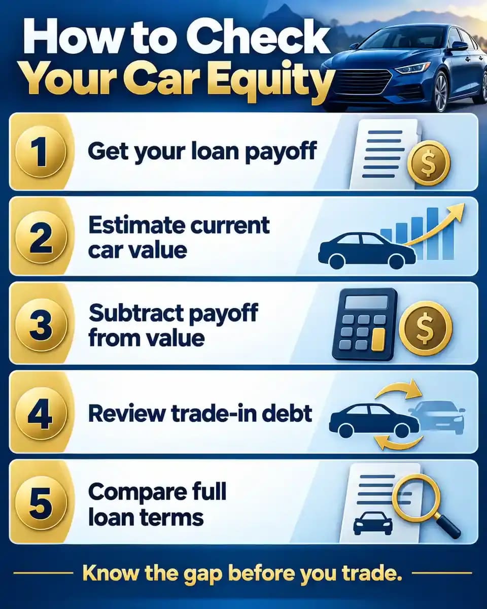 Five-step infographic explaining how to compare a vehicle's current market value with its auto loan payoff and identify negative equity.